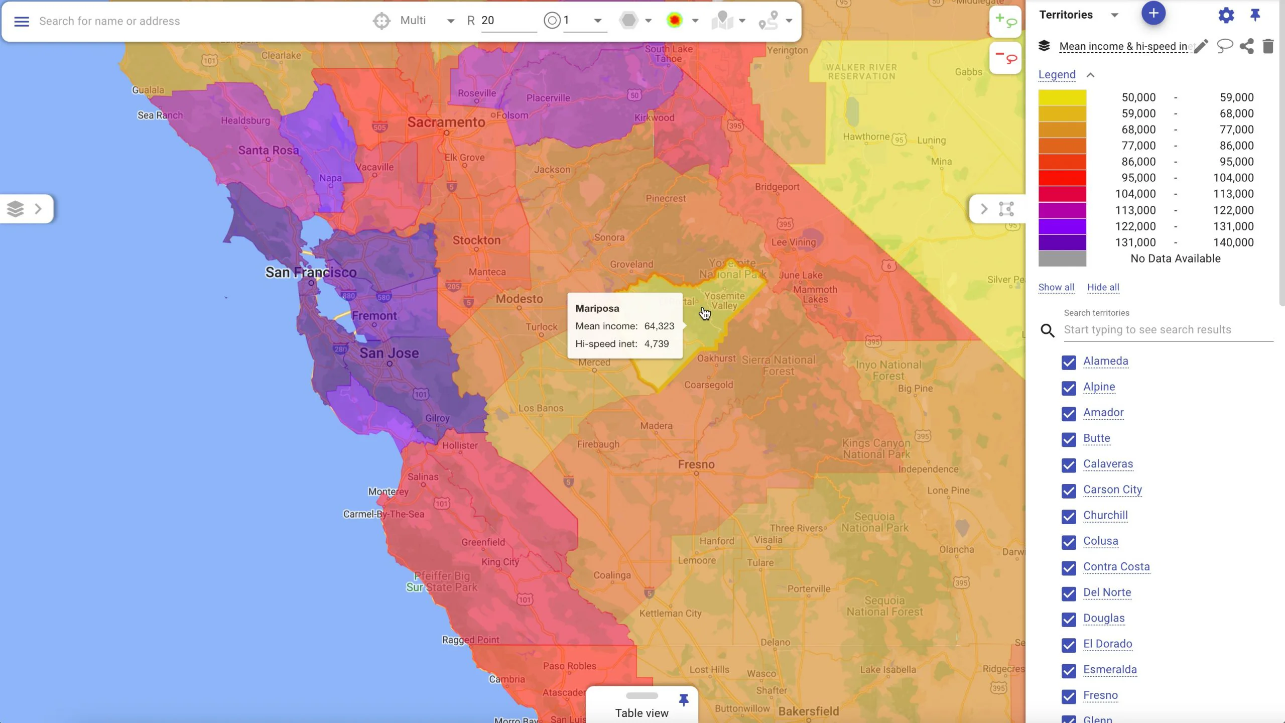 Mapsly territories with US Census demographics