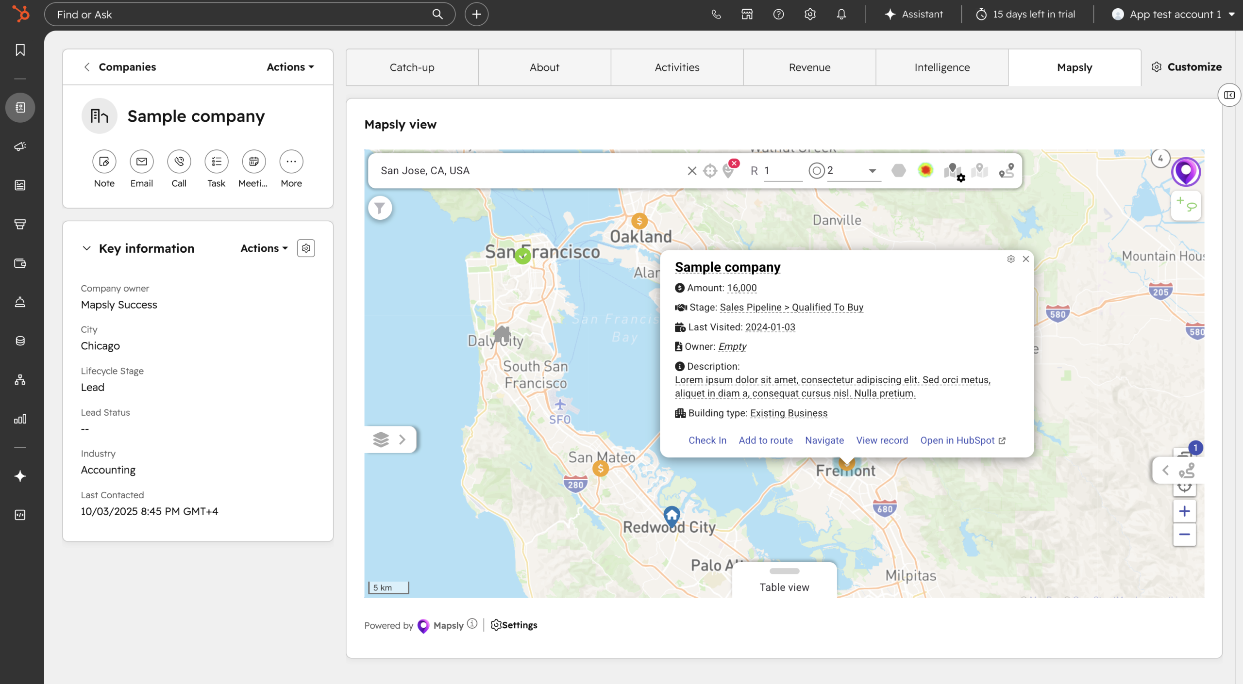 Mapsly App Card inside a HubSpot company record: live map with the record's popup and Check In, Add to route, and Navigate actions